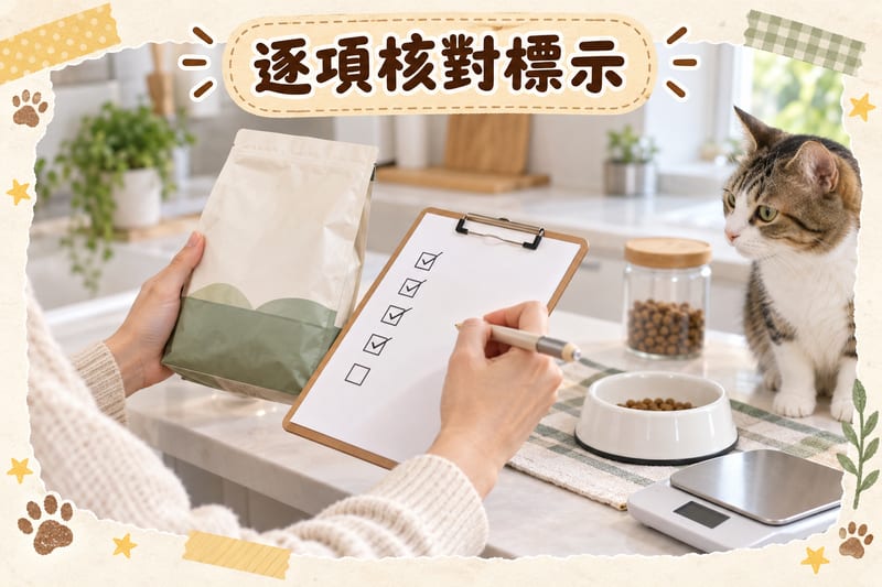 主人坐喺書檯前手持文件板同筆,將未開封貓糧包裝放喺檯面逐項核對標示,旁邊有一本寫滿記錄嘅筆記簿