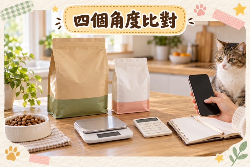 廚房檯面並排放住兩款不同規格嘅貓糧包裝,一部電子磅、一部計數機同一本打開嘅筆記簿,主人用手機計算每公斤單價