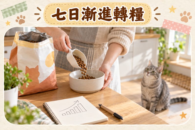 香港家居地板上並排四個白碗,分別裝住由少到多嘅乾糧份量,旁邊有一部電子磅同一隻灰貓坐低觀察