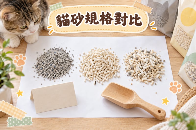 礦物砂、豆腐砂同木薯混砂並排放在白色紙上對比粒徑同粉塵