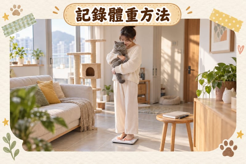 香港住宅內主人抱住英國短毛貓站上數字磅記錄體重