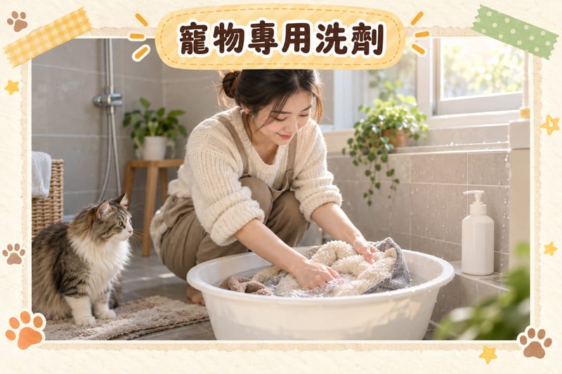 主人喺浴室用寵物專用洗劑清洗貓窩墊同毛巾再過清水