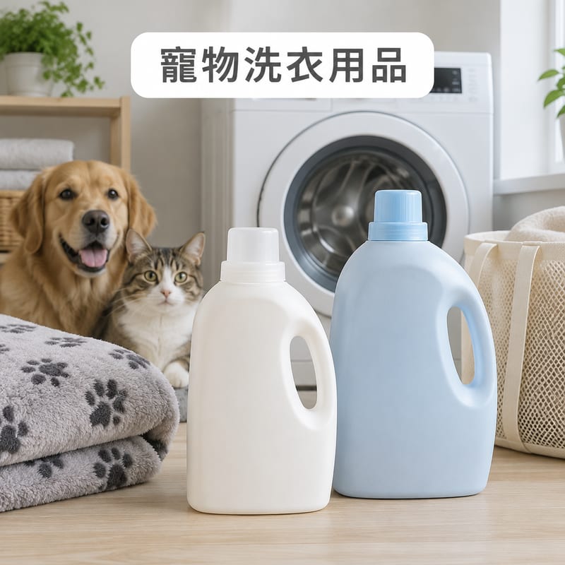 一瓶寵物專用洗衣液同一瓶一般洗衣劑並排放喺洗衣機前方嘅木檯上