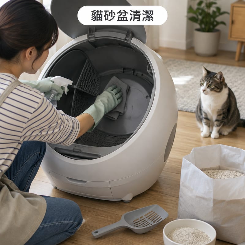 一位戴住手套嘅人用抹布同噴壺清潔全自動貓砂盆嘅滾筒同感應器