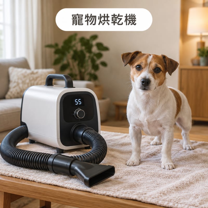 一部寵物烘乾機嘅數碼溫度顯示屏設定喺安全範圍,旁邊有一隻狗站住等候吹乾