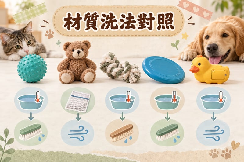 五類寵物玩具材質清潔對照示意,由橡膠咬膠、布絨公仔、繩結到發聲玩具分別標示洗法