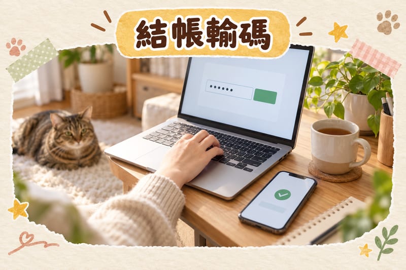 家居辦公室近景，一隻手喺電腦上輸入短代碼，旁邊手機顯示訂單確認畫面