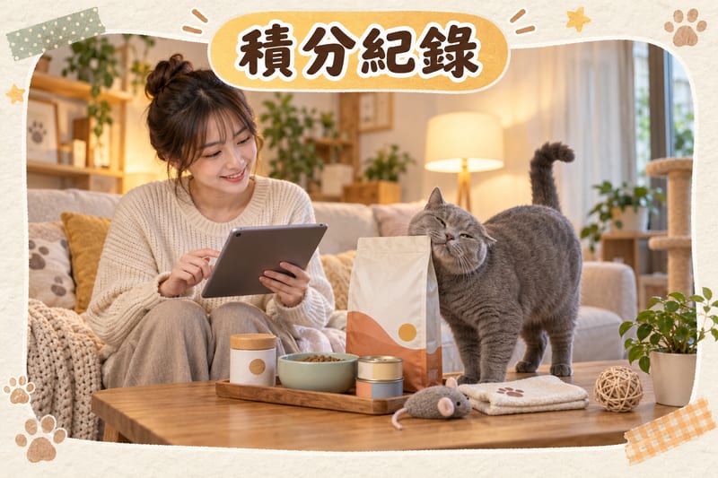 客廳場景，主人坐喺梳化用平板查看數字清單，茶几上有寵物用品同貓糧箱，灰色短毛貓蹭住紙箱