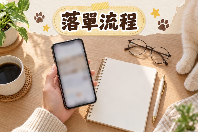 香港家居書桌場景,主人用手機完成結帳畫面,桌面有筆記簿同耳機,一隻米白色短毛貓趴喺旁邊椅背