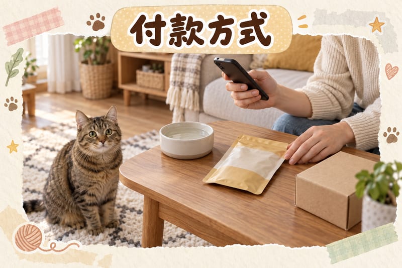 主人喺單位客廳用手機掃碼付款,茶几上放住貓糧袋同水碗,一隻虎斑貓喺地毯上望住鏡頭