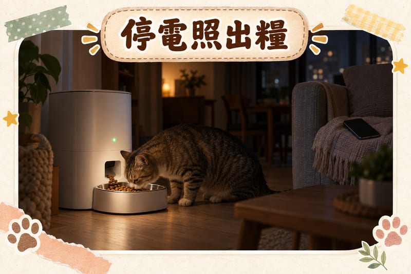 停電期間家居燈光熄滅,自動餵食器仍然亮住小指示燈出糧落入不鏽鋼碗,貓咪行近進食
