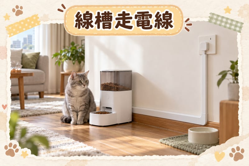 香港家居客廳,自動餵食器沿牆腳用線槽走線,貓咪坐喺旁邊,插座位置遠離水源同寵物活動路線