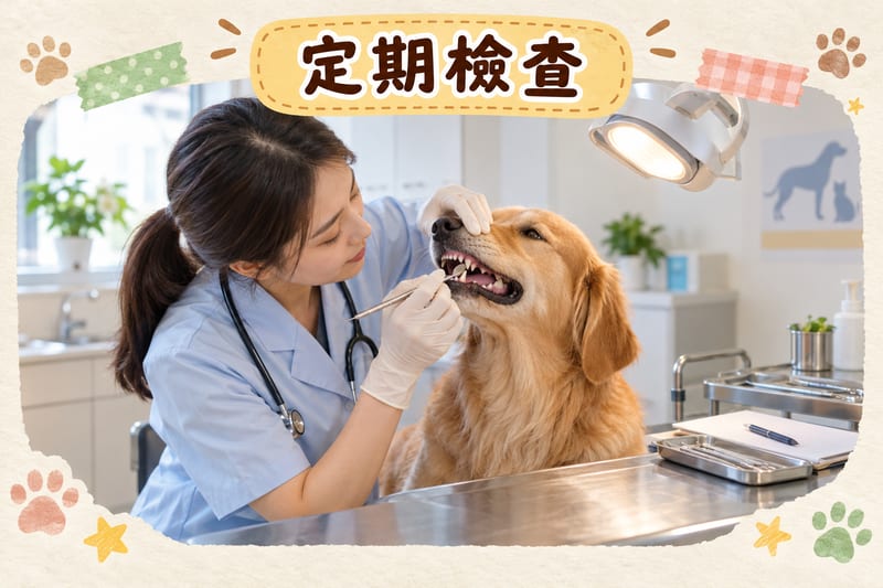 獸醫喺診枱上用牙科探針檢查狗狗牙齦，旁邊放住口腔檢查記錄表