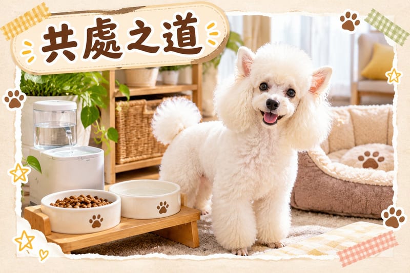 迷你貴賓喺草地同拉布拉多互聞打招呼,兩隻狗放松搖尾,主人牽繩微笑觀看
