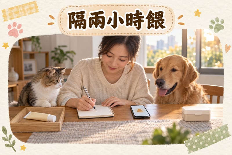 主人按體重同時間記錄每日份量與排便情況,桌上另一邊放住需要相隔兩小時餵嘅藥盒