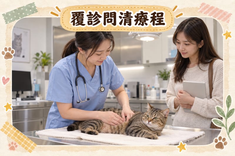 主人帶貓去獸醫診所覆診,獸醫在診檯上檢查貓腹部並翻看紀錄表