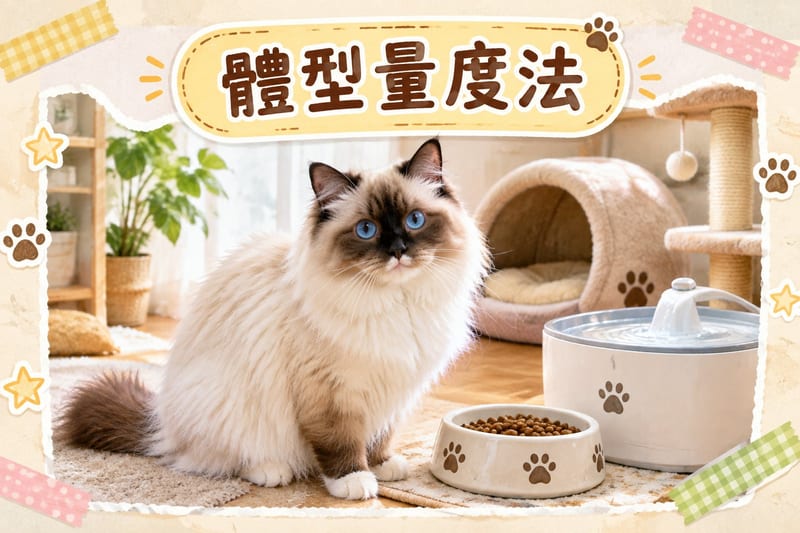 用布尺量度布偶貓體長,另一人喺旁用漏食玩具安撫