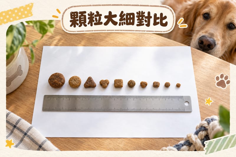 量度狗糧顆粒直徑嘅做法,白紙上排住 10 粒乾糧並用間尺對照