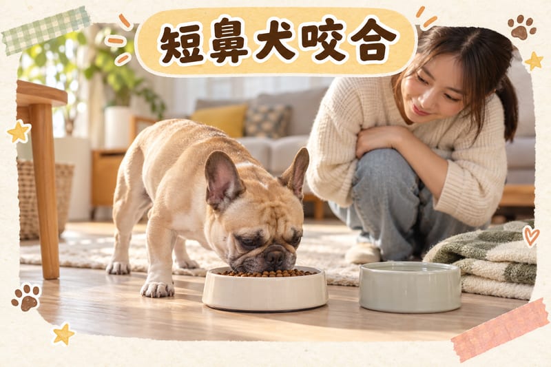 法國鬥牛犬喺香港家中地板食碗入面嘅細顆粒乾糧,主人蹲喺旁邊觀察