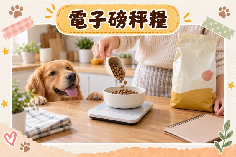 主人用電子磅量度狗糧克數,磅上放住一個碗同一勺乾糧,廚房檯面乾爽整潔
