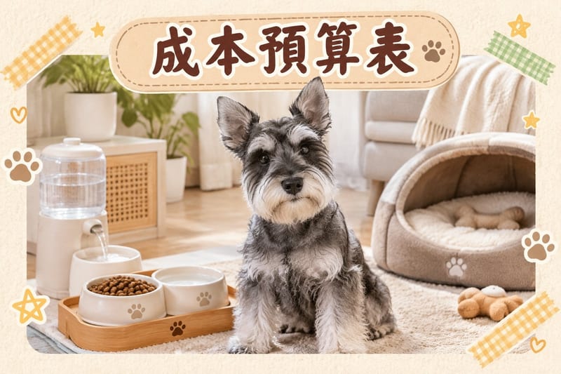 獸醫喺診療臺幫迷您雪納瑞檢查眼睛同耳道,主人喺旁邊記錄,場景專業安心
