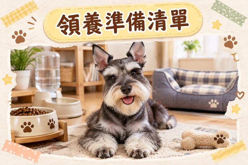 主人同黑白迷您雪納瑞喺維港海旁散步，黃昏光線，狗隻眉毛鬍鬚造型突出