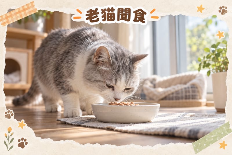 Senior cat sniffing food