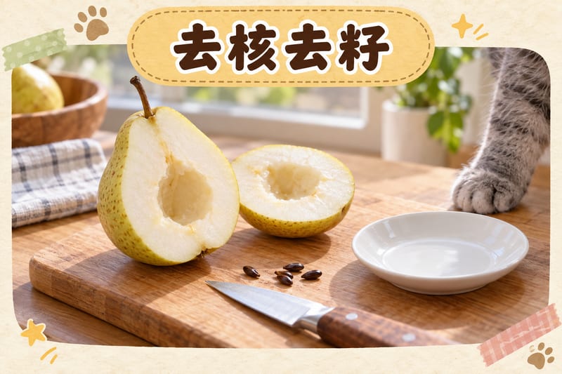 切開嘅梨放喺廚房木枱上,旁邊係一隻白色淺碟同一把水果刀,刀尖旁邊挑出咗梨籽
