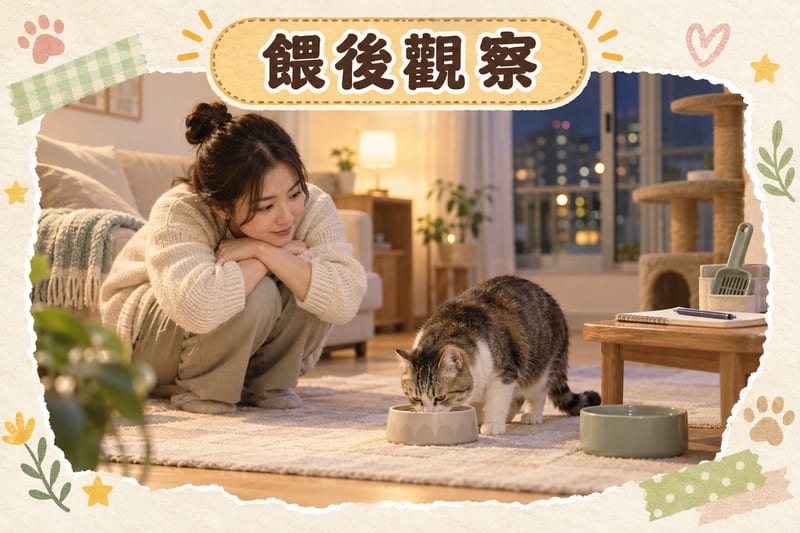 主人在客廳觀察老貓食完梨之後嘅狀態,枱上有一個砂盆鏟同記事簿記錄排便次數