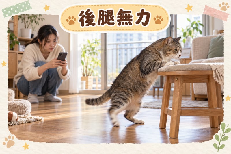 老貓喺客廳地板嘗試跳上矮凳但後腿無力,主人蹲低觀察佢嘅步態同落地穩定性