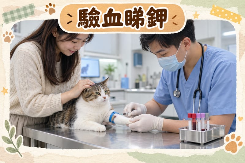 獸醫診所內,獸醫用止血帶固定老貓前肢抽血準備驗血鉀,主人喺旁邊輕撫貓咪頭部
