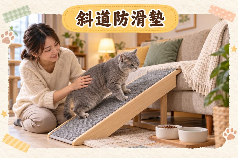 家屬喺家居為老貓鋪好斜道同防滑墊,貓咪由矮台階慢慢行上沙發,主人喺旁邊用手護住