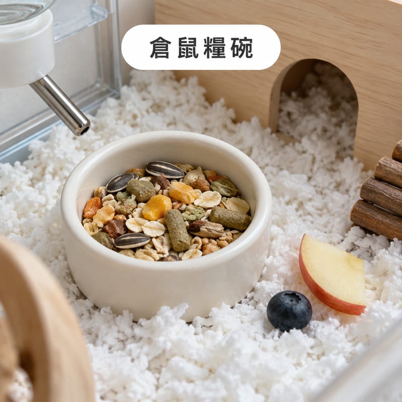 倉鼠籠內一個細小陶瓷糧碗,裝住混合糧同種子,旁邊放着一小粒蘋果同一粒藍莓
