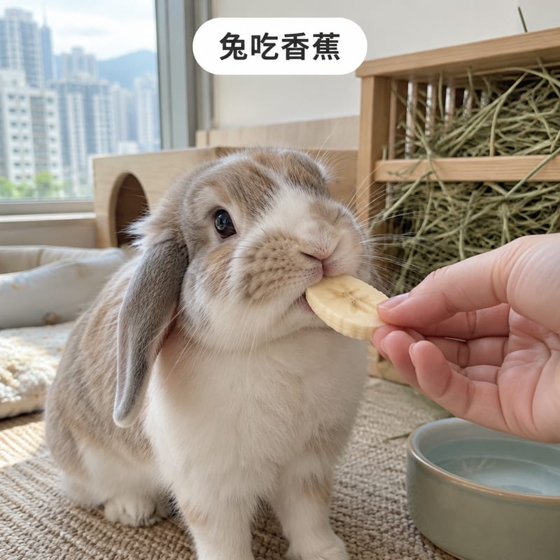 兔仔從人手上咬住一片薄切香蕉,背景有乾草架同水碗