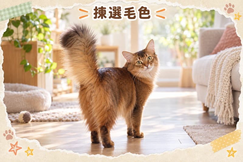 Close-up of a Somali cat's fluffy big tail with ticked coat, showing layers and sheen