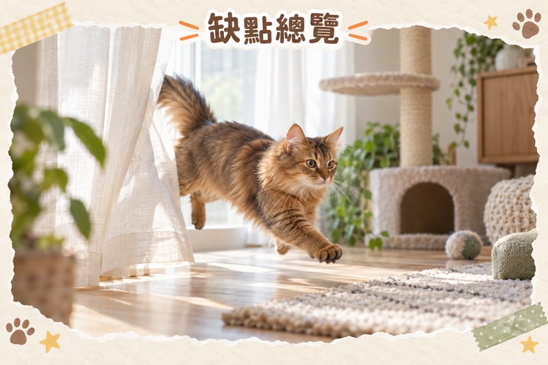 Somali cat disadvantages overview infographic: seven disadvantages and coping directions
