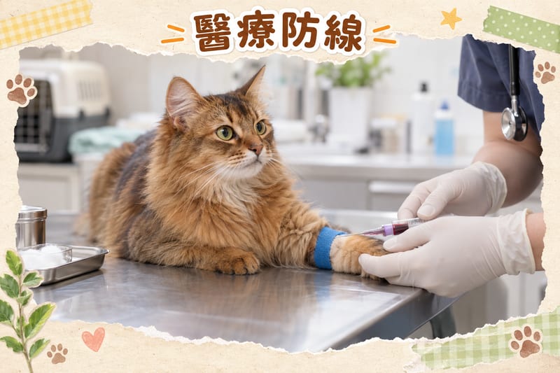 A registered veterinarian examines a Somali cat with a stethoscope on a clinic table