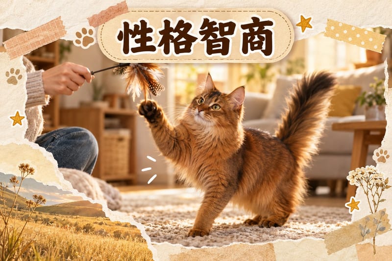 索馬里貓坐喺高處,注意住屋企動靜,尾巴蓬鬆擺動
