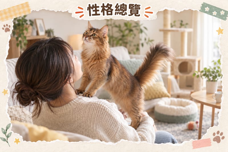 Somali cat sitting high up, watching the household, fluffy tail swaying