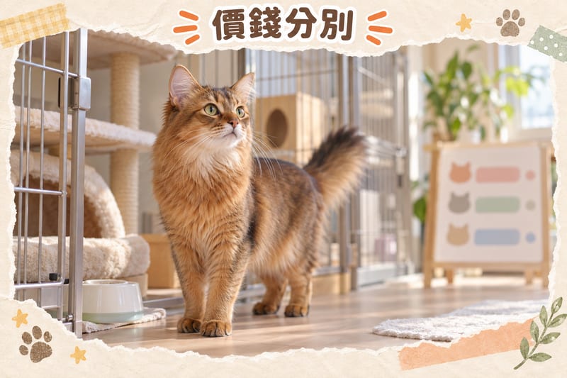 A Somali cat stretching on a wooden floor in a Hong Kong living room, with a litter box and water bowl nearby