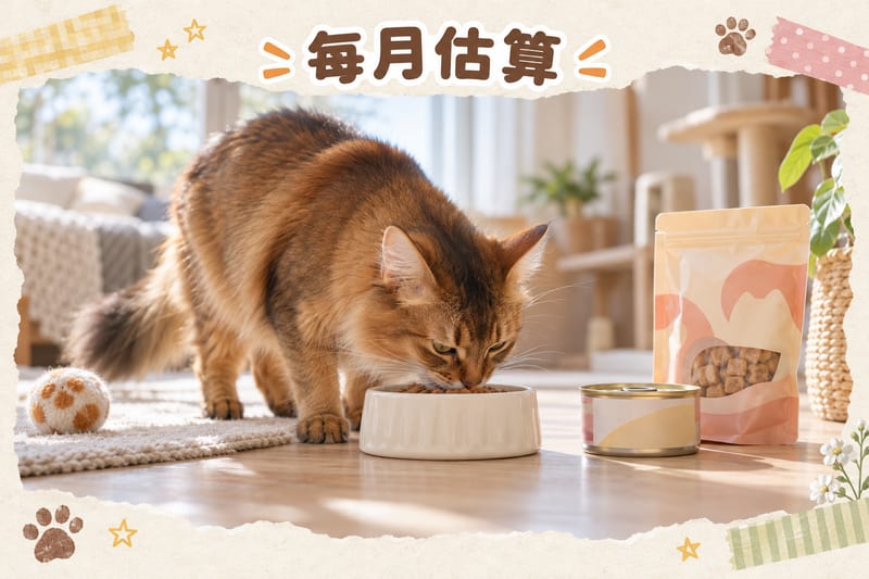 Somali cat budget planning illustration: main food, cat litter, medical reserve in three columns