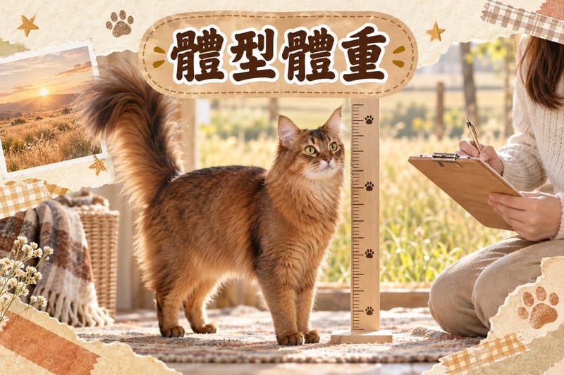 索馬里貓喺枱上站立,展示修長身型同蓬鬆大尾巴嘅比例