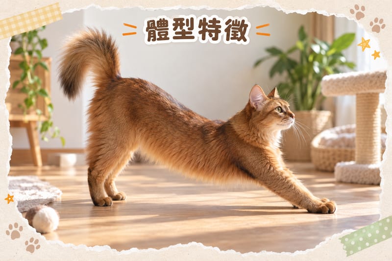 Somali cat standing on a table, showing the proportions of its slender body and fluffy tail