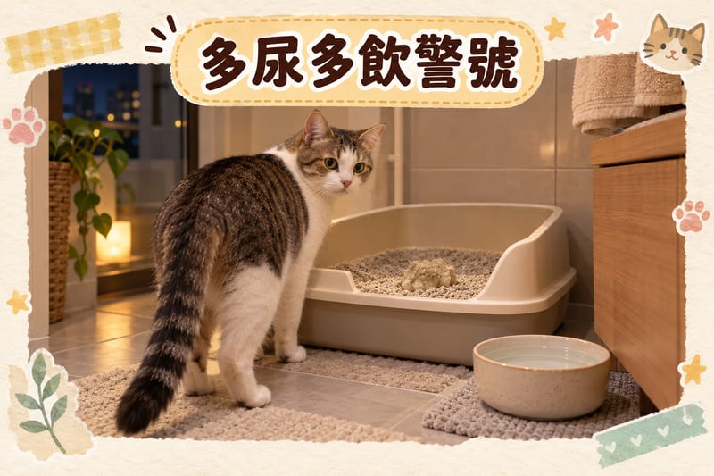 香港家居浴室夜間,一隻短毛家貓企喺貓砂盆邊,砂盆內嘅尿塊明顯偏大,旁邊地磚放住一個盛滿清水嘅陶瓷飲水碗