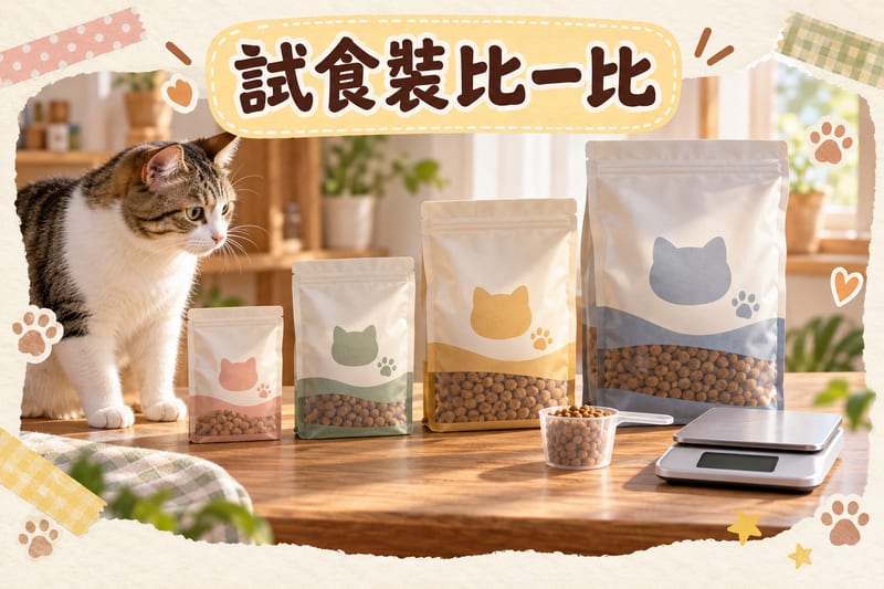 四種規格貓糧袋同量杯並排,顯示每克成本差異