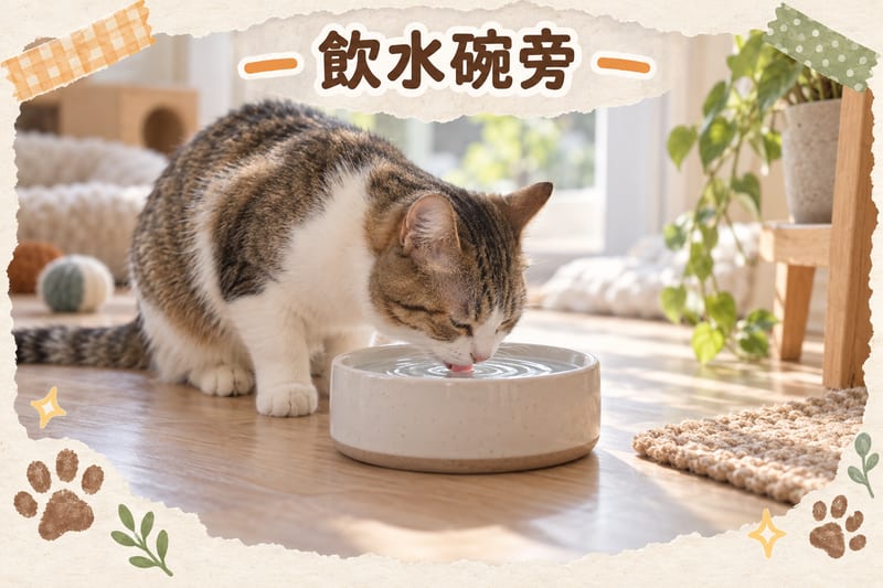 Next to water bowl