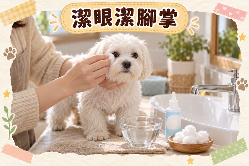 洗手盆邊放住棉花球、清水碗同寵物潔眼液,主人用棉花輕抹狗狗眼角