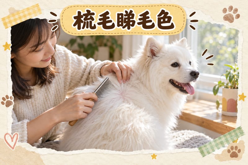 主人用排梳撥開白毛狗狗背脊底毛,檢查毛色同皮膚狀況