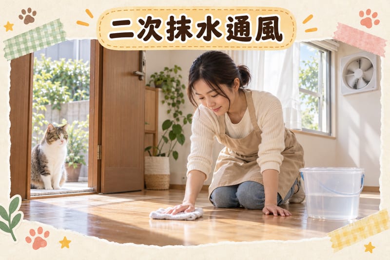 主人用兩條抹布做二次抹水,之後開窗同抽氣扇通風,貓咪留喺門外等候