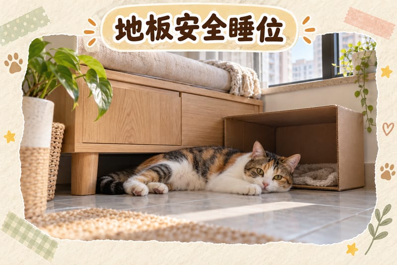 香港細單位客廳地板上,一隻三色短毛貓攤長側躺貼住磁磚,旁邊櫃底同紙箱形成半封閉角落,櫃頂放住軟墊同窗台對望